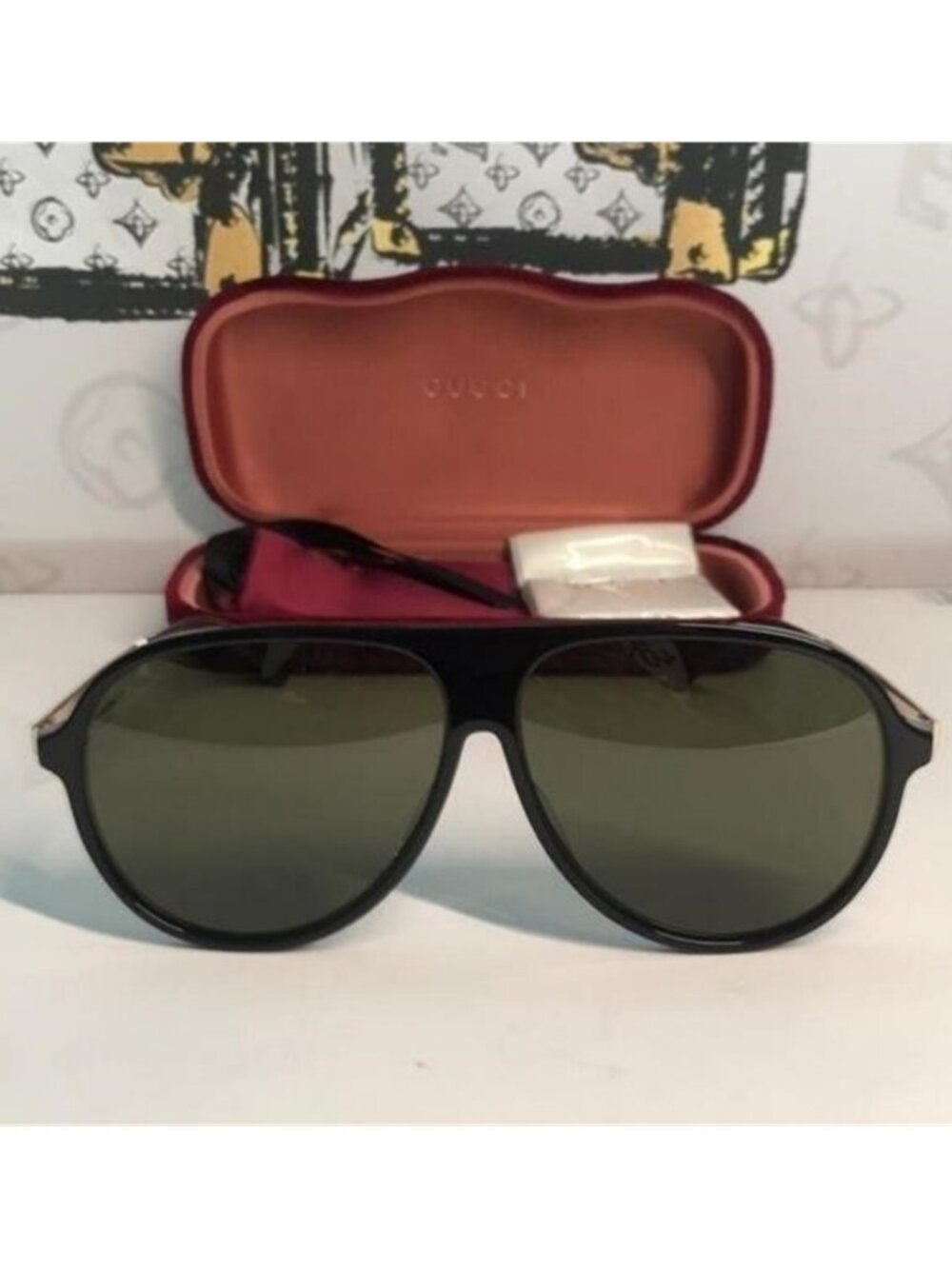 New Authentic  Gucci GG0829SA 002 – Black & Ruthenium Aviator Green Lenses ✨ - Picture 6 of 12